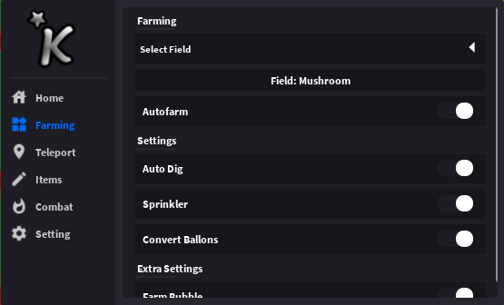 Roblox Bee Swarm Simulator script GUI showing farming options like Auto Farm, Auto Dig, Sprinkler, Convert Balloons & more!