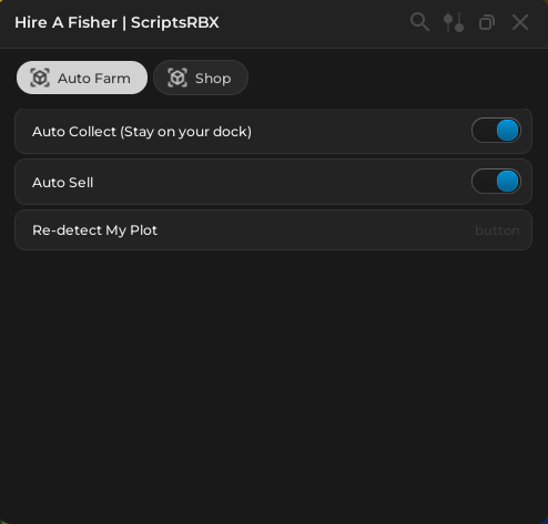 Roblox Hire a Fisher script with auto fish and auto sell features shown