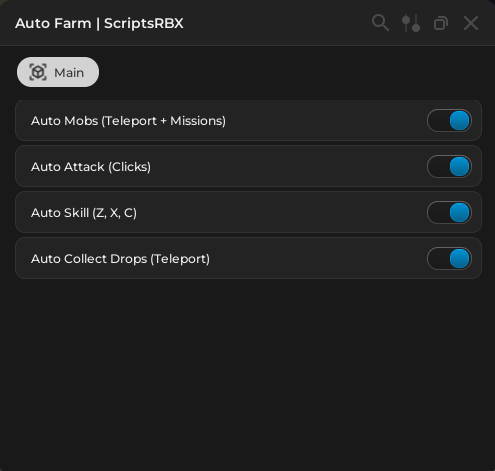 Hunty Zombie Roblox script GUI showing Auto Farm, Auto Attack, Auto Skill and Auto Collect features by ScriptsRBX