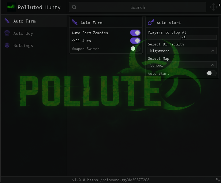Hunty Zombie Script GUI [Update 1.6] – Polluted Hunty menu with Auto Farm, Kill Aura, Weapon Switch, Auto Start, Difficulty Selector, and Map Selector (Roblox)