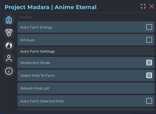 Anime Eternal script GUI – Auto Farm Energy, Kill Aura, and farming settings menu