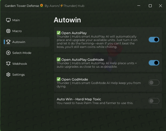 Garden Tower Defense Roblox script – Autowin tab with AutoPlay, GodMode, and Auto Win features