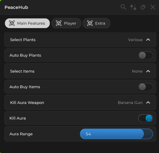 Plants vs Brainrots script GUI menu – settings for auto money, kill aura and auto buy