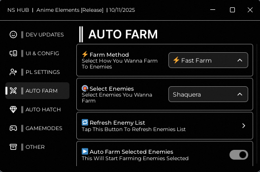 Anime Elements Script GUI showing Auto Farm menu with Fast Farm, Select Enemies, Refresh List, and Auto Raid features – created by NS Hub, keyless and optimized for Roblox farming