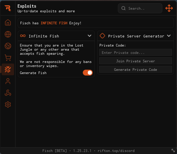 Roblox Fisch Infinite Fish Script GUI showing exploit menu with generate fish option and private server generator