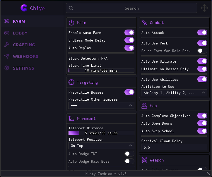Hunty Zombie Script GHOST UPDATE GUI Auto Farm, Auto Replay, Auto Skip School, Teleport, and Weapon options in Roblox