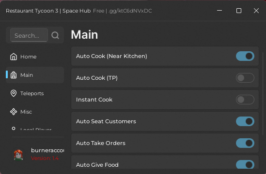 Restaurant Tycoon 3 script GUI – Auto Cook, Instant Cook, Auto Seat Customers, Auto Take Orders, Auto Give Food menu