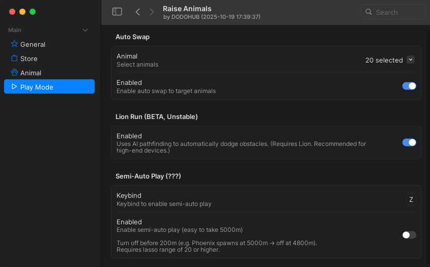 Raise Animals Roblox Script GUI showing Auto Event, Auto Farm, and Auto Minigame Win toggles