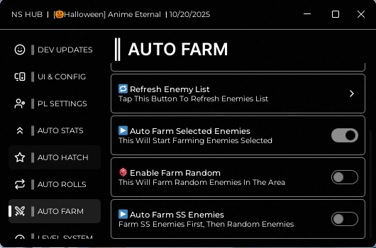 Roblox Anime Eternal Script Halloween Update GUI showing Auto Farm, Auto Hatch, Auto Roll, and Fast Kill features from NS Hub – 2025 version, no key and fully updated