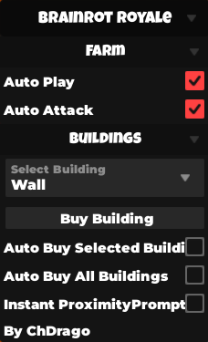 Roblox Brainrot Royale script GUI showing Instant Kill, Infinite Money, and Auto Farm options in keyless 2025 hack menu.
