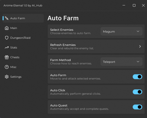 Anime Eternal Script No Key – Auto Farm, Auto Quest, Auto Click GUI showcase