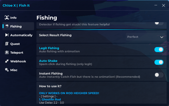 Fish It Roblox script GUI showing Auto Fish, Instant Catch, Auto Sell, and Event Farm options for no-key 2025 update.