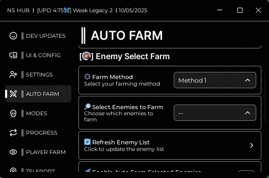Roblox Weak Legacy 2 Script GUI – Auto Farm, Kill Aura, Auto Quest, and Progress Settings (Update 4.75)