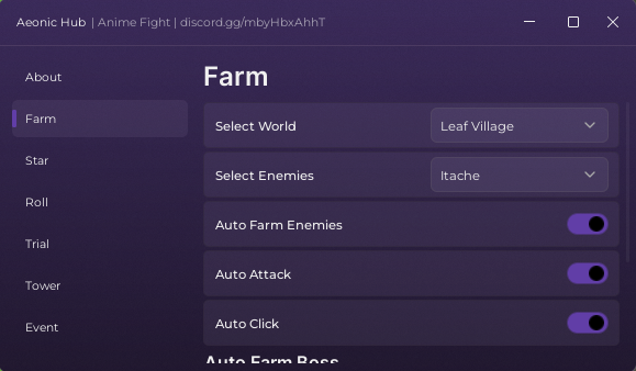 Anime Fight Script GUI screenshot — Aeonic Hub with Auto Farm, Auto Attack, Auto Click, Select World & Enemy options. UI shows farm features for Roblox Anime Fight script.