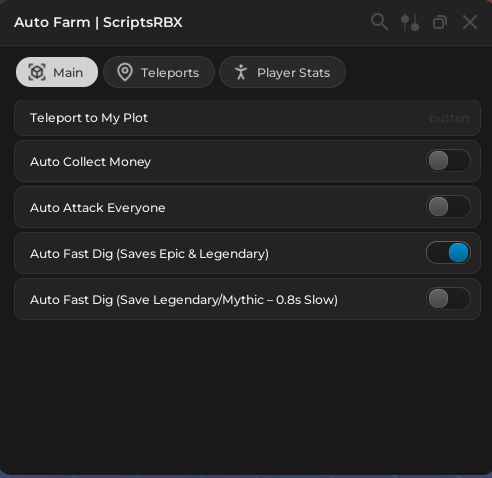 Dig and Hatch a Brainrot script GUI showing Auto Farm, Instant Dig, and Auto Hatch toggles for Roblox 2025 update.