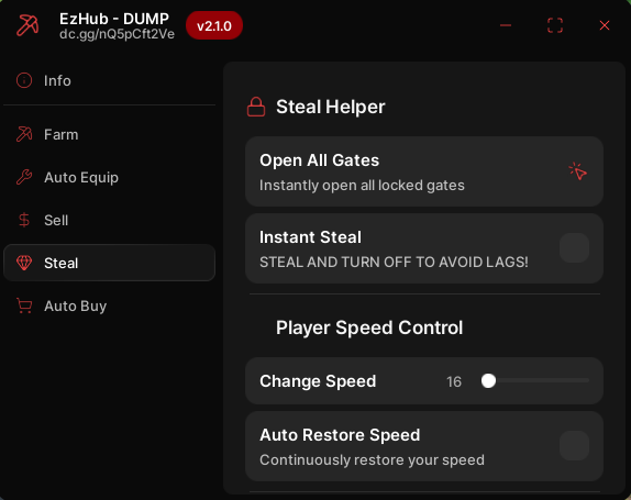 DUMP [ALPHA] Roblox Script GUI showing Unlock Gates, Instant Steal, and Instant Dig features – keyless 2025 version.