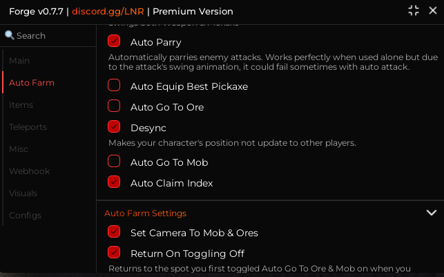 The Forge Script GUI – Auto Farm, Auto Parry, Auto Go To Ore, Desync, Kill Aura and Auto Claim Index Features