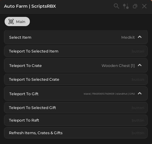 Raft 101 alpha script auto farm GUI showing teleport items crates gifts and raft options
