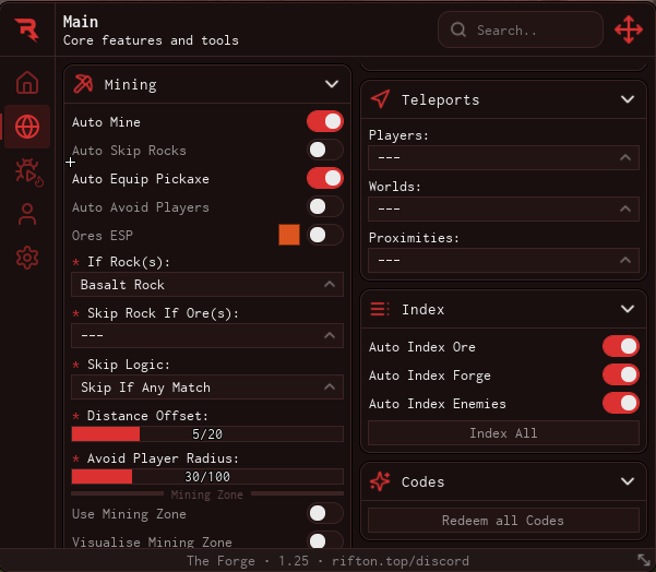 The Forge Script GUI – Auto Mine, Skip Rocks, Auto Equip Pickaxe, Ores ESP, Teleports, Auto Index Forge & Auto Index Enemies Features Showcase