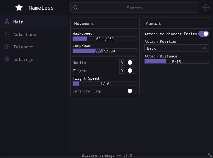 Roblox Bizarre Lineage script GUI interface featuring Auto Farm tools, WalkSpeed and JumpPower sliders, Noclip, Flight speed controls, Infinite Jump, and Combat auto attack to nearest entity settings.