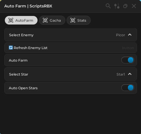 Anime Leveling script GUI showing auto farm gacha and star features Roblox