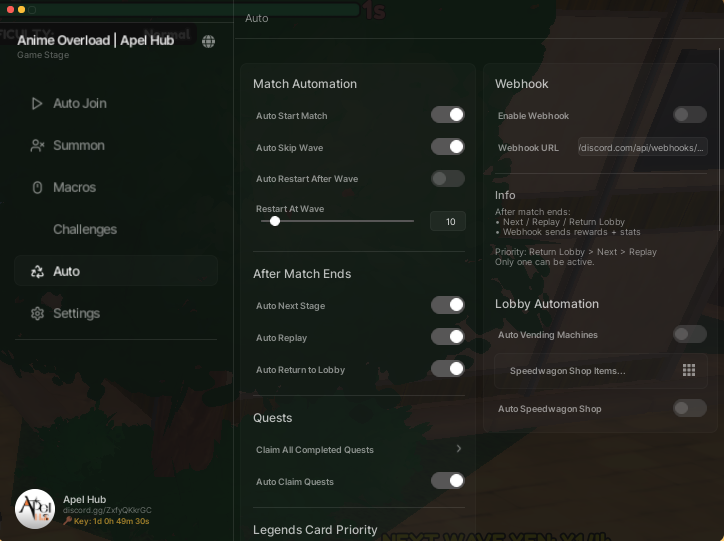 Anime Overload script GUI showing auto farm auto join auto replay and webhook features Roblox