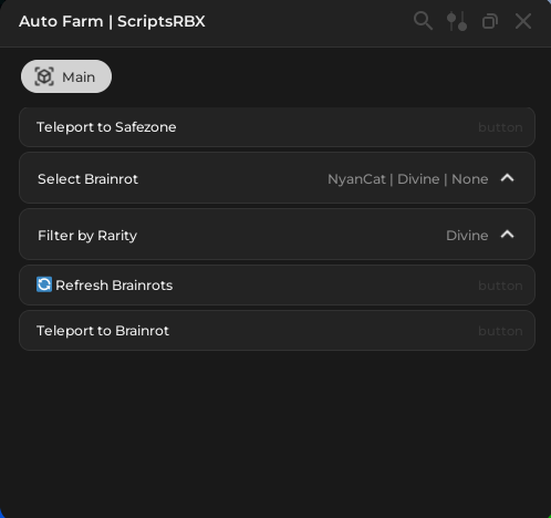 Be a Brainrot script GUI showing auto farm select brainrot teleport and rarity filter features Roblox