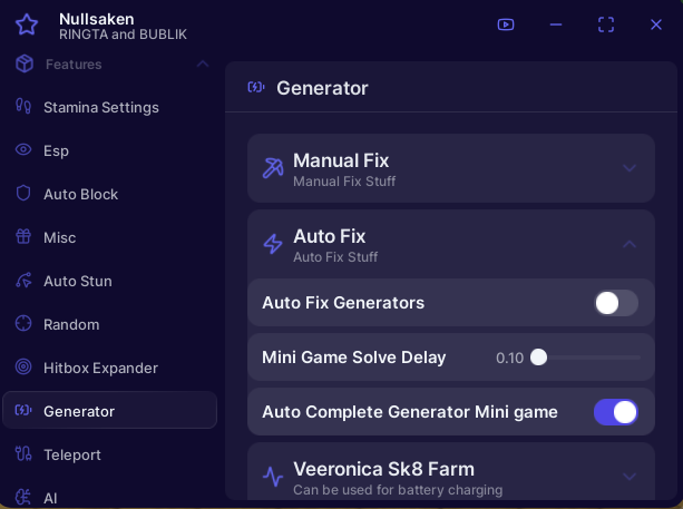 Forsaken Script GUI showing auto fix generators, auto complete mini game, and ESP features