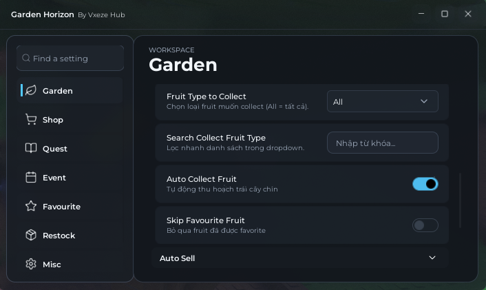 Garden Horizons Script 2026 auto farm GUI with fruit type selector, auto collect, and auto sell options