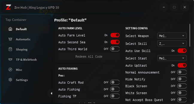 King Legacy Script UPD 10 auto farm GUI with auto level, auto stats, and skill configuration