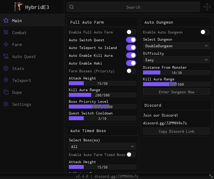 Sailor Piece Script GUI showing auto farm, auto dungeon, boss farm, and kill aura settings