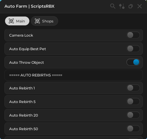 Throwing Simulator script GUI showing auto farm auto throw and auto rebirth features Roblox