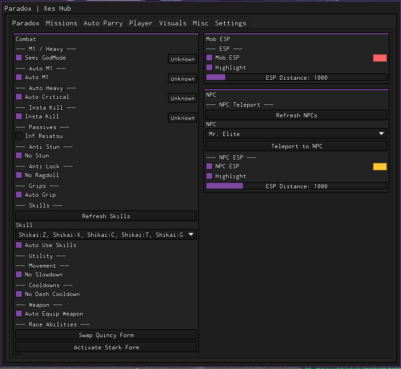 Paradox script UI showing auto farm combat features ESP NPC teleport auto skills and god mode options in Roblox