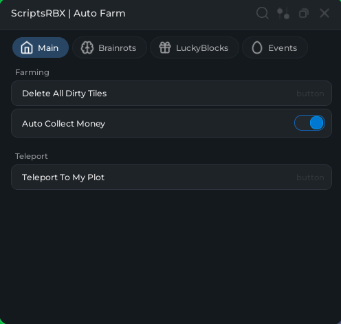 Auto farm UI showing auto collect money and instant clean features in Pressure Wash for Brainrots Roblox script