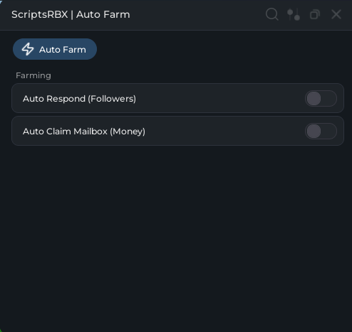 Be a Streamer script UI showing auto farm followers and auto collect money features in Roblox