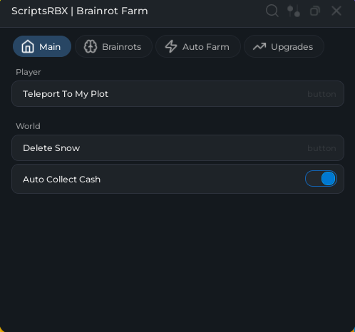 Shovel Snow for Brainrots script UI showing auto collect cash delete snow and teleport to plot features in Roblox