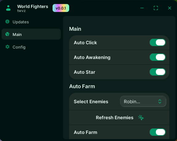 World Fighters script UI showing auto farm fighters auto summon and combat features in Roblox