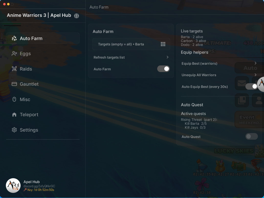 Anime Warriors III script GUI showing Auto Farm, Auto Quest, Auto Equip, Raids, Teleport, and settings menu in Roblox