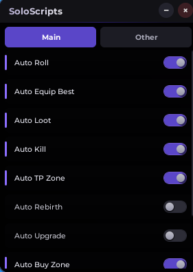 Slime RNG script UI showing auto farm auto roll auto rebirth and auto upgrade features in Roblox