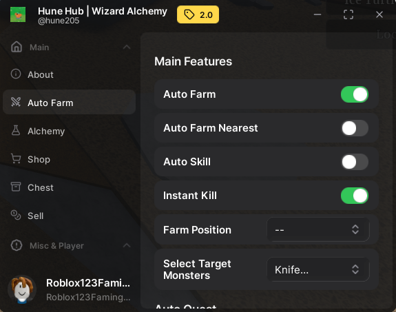 Wizard Alchemy Roblox script GUI showing Auto Farm, Instant Kill, Auto Skill, target monster selector, and farming settings