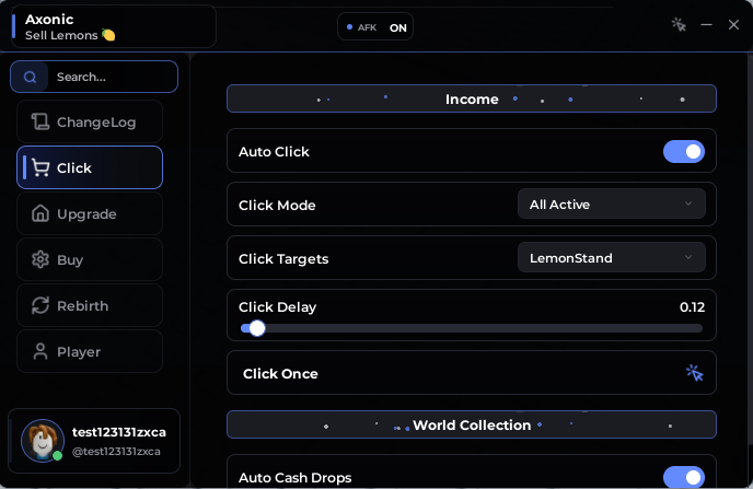 Dark-themed Axonic Sell Lemons script menu showing automation settings. The interface displays Auto Click enabled, Click Mode set to All Active, Click Targets set to LemonStand, a Click Delay slider at 0.12, and Auto Cash Drops toggled on. A sidebar lists tabs like ChangeLog, Click, Upgrade, Buy, Rebirth, and Player
