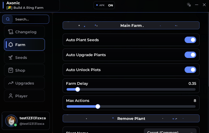 Build A Ring Farm script interface showing automation settings. The menu displays toggles for Auto Plant Seeds, Auto Upgrade Plants, and Auto Unlock Plots, all enabled.