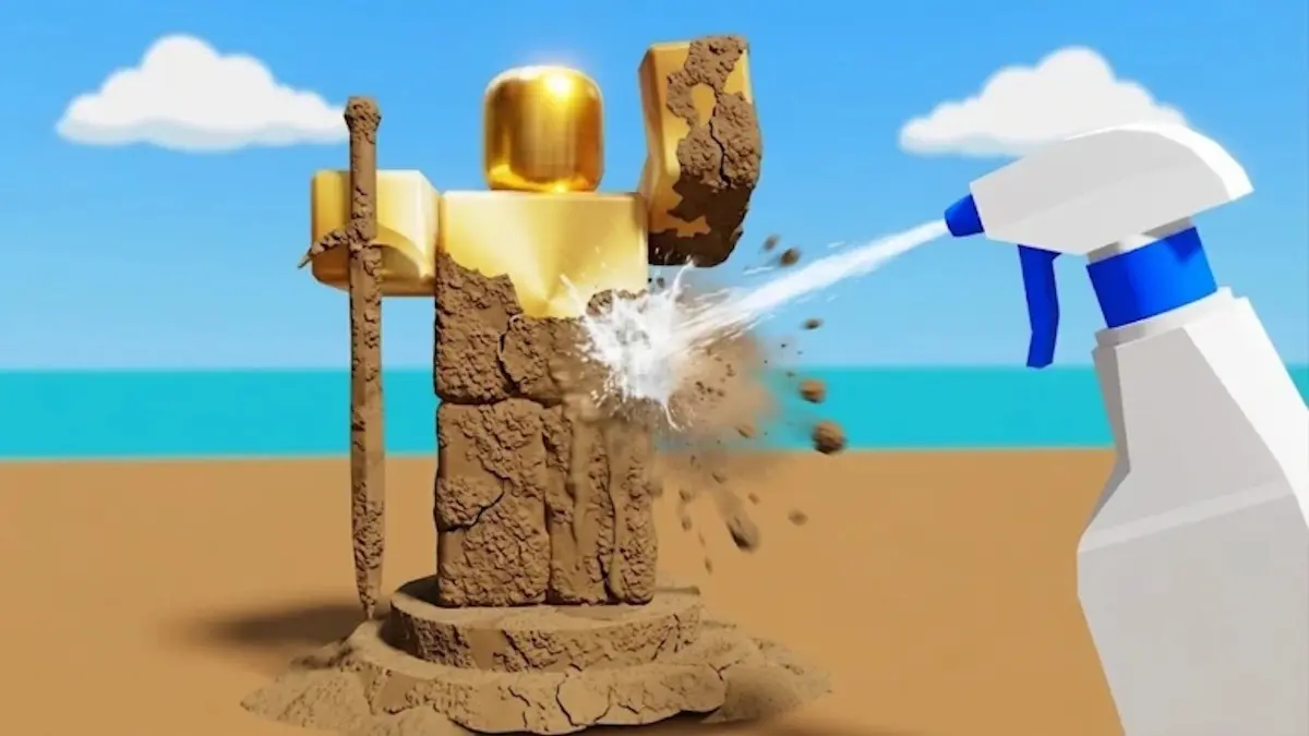 Dig & Clean Roblox character covered in dirt being sprayed clean