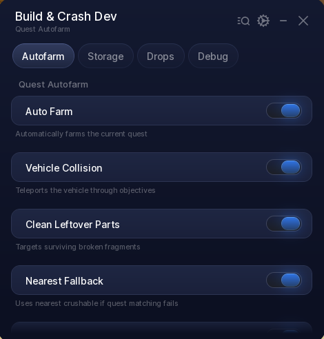Build and Crush script GUI showing the Autofarm tab with auto farm, vehicle collision and cleanup toggles