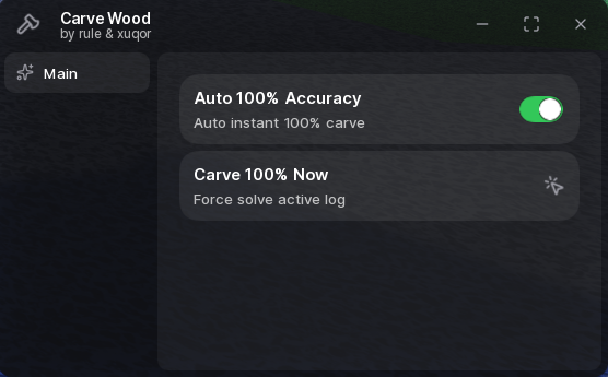 Carve Wood script GUI showing the Auto 100% Accuracy toggle and Carve 100% Now button
