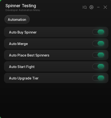 Merge a Spinner script menu with Auto Buy Spinner, Auto Merge, Auto Place Best Spinners, Auto Start Fight and Auto Upgrade Tier toggles