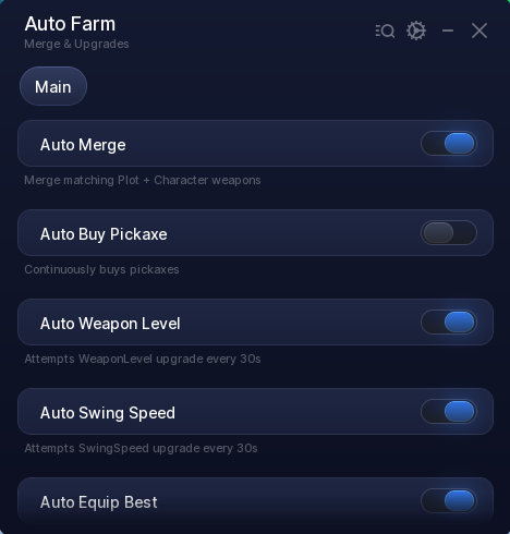 Merge and Dig Simulator script menu with Auto Merge, Auto Buy Pickaxe, Auto Weapon Level, Auto Swing Speed and Auto Equip Best toggles