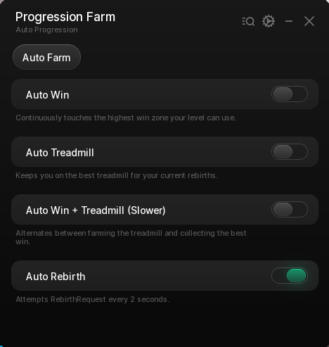 1 Skinny Per Step script GUI showing the Progression Farm panel with auto win, auto treadmill and auto rebirth toggles