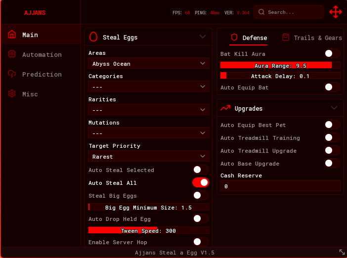 Steal An Egg script GUI showing the Main tab with auto steal filters and defense options