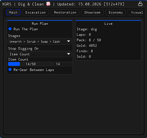 XGRS Dig and Clean script GUI showing the Run Plan tab with stage order and live stats